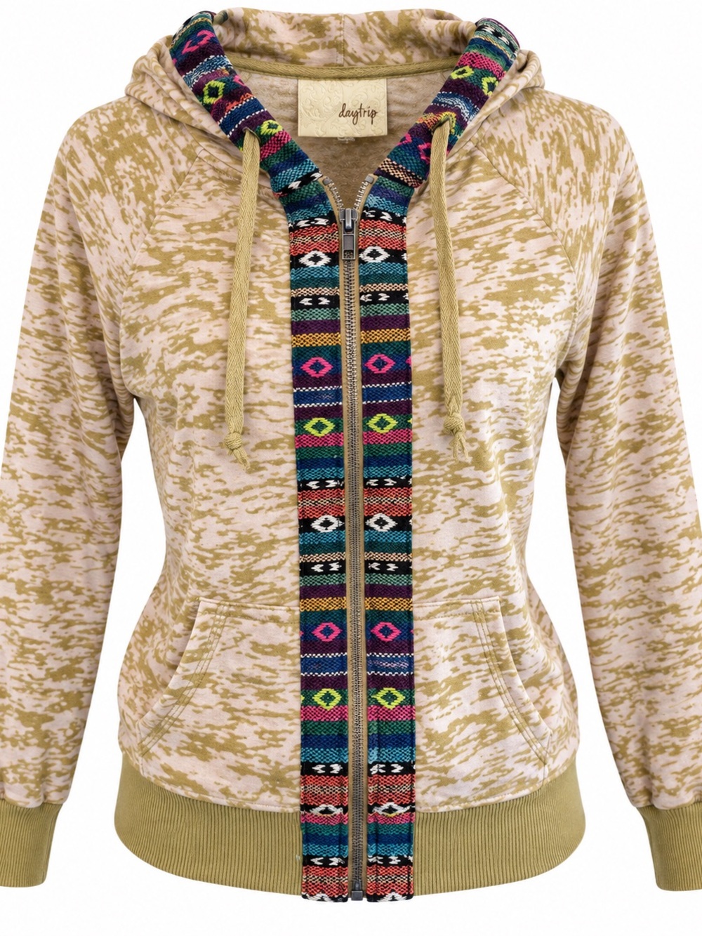 Daytrip Boho Southwestern Aztec Print Hooded Zip-Up Jacket small